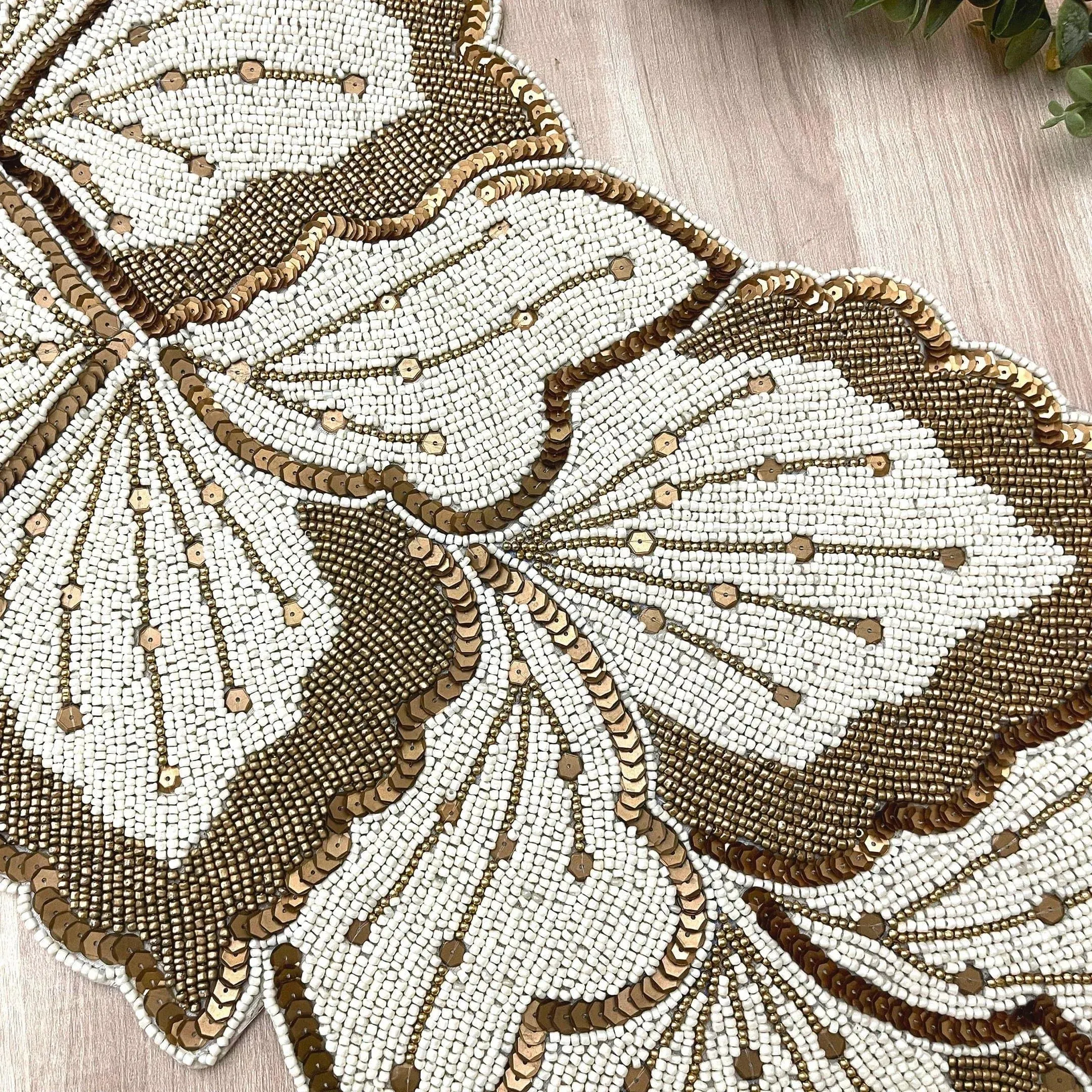 Floral Leaf Beaded Table Runner - Cream and Gold