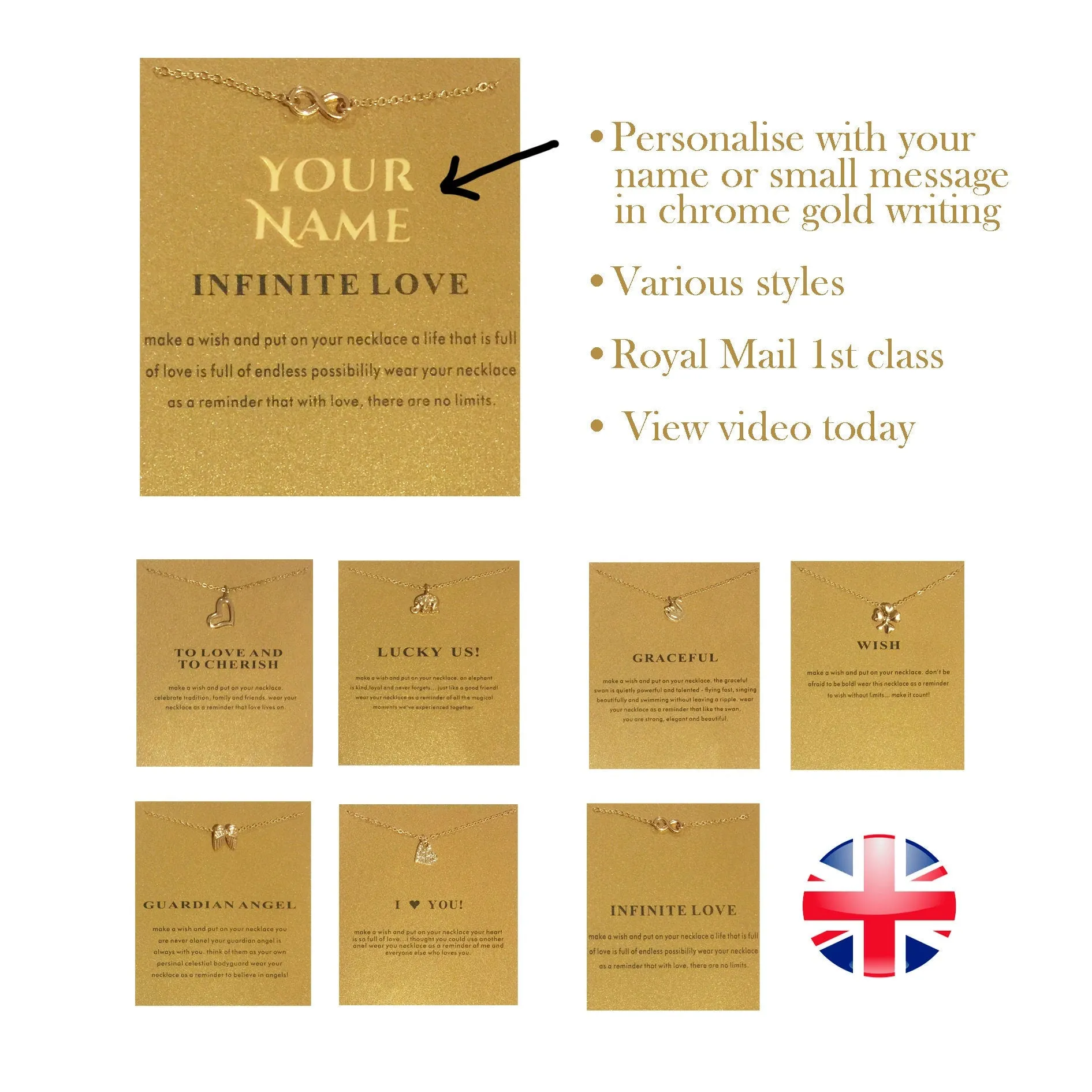Gold Angel Wings Necklace & Pendant with Gift Card by Minx London (Guardian Angel pendant, charms, valentines gift card, personalised)
