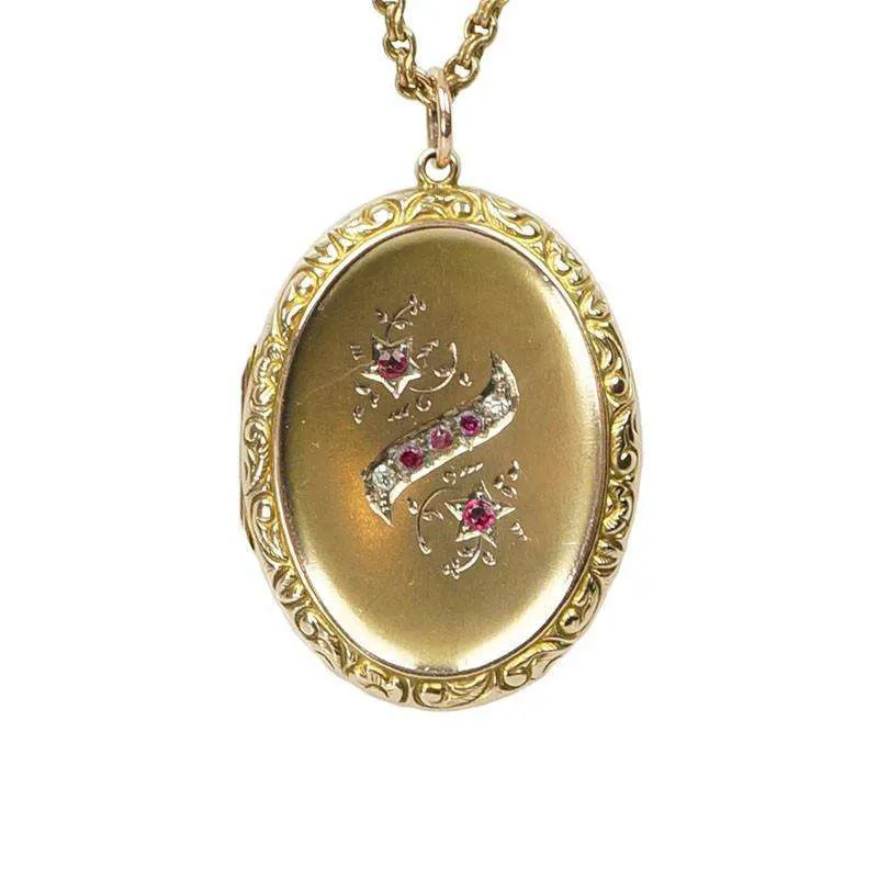 Graceful Gem Set Vintage Gold Locket on a Long Chain