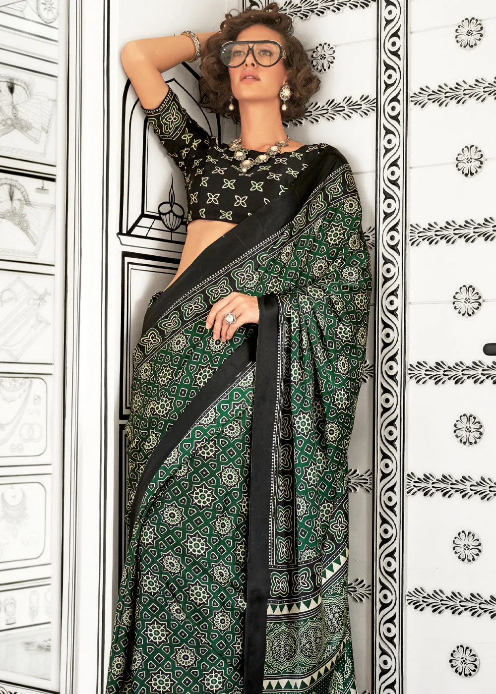 Graceful Green Satin Crepe Printed Saree