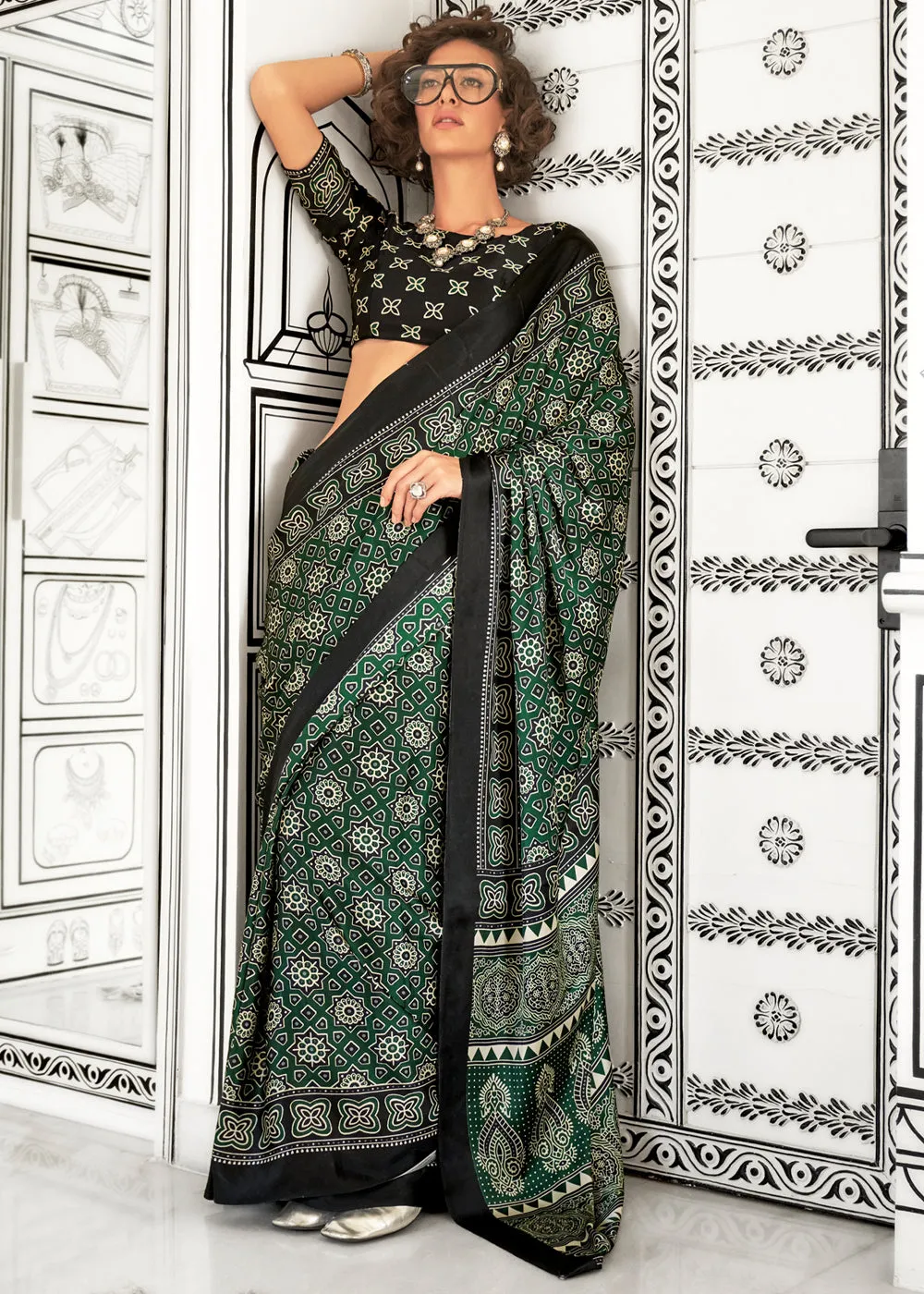 Graceful Green Satin Crepe Printed Saree