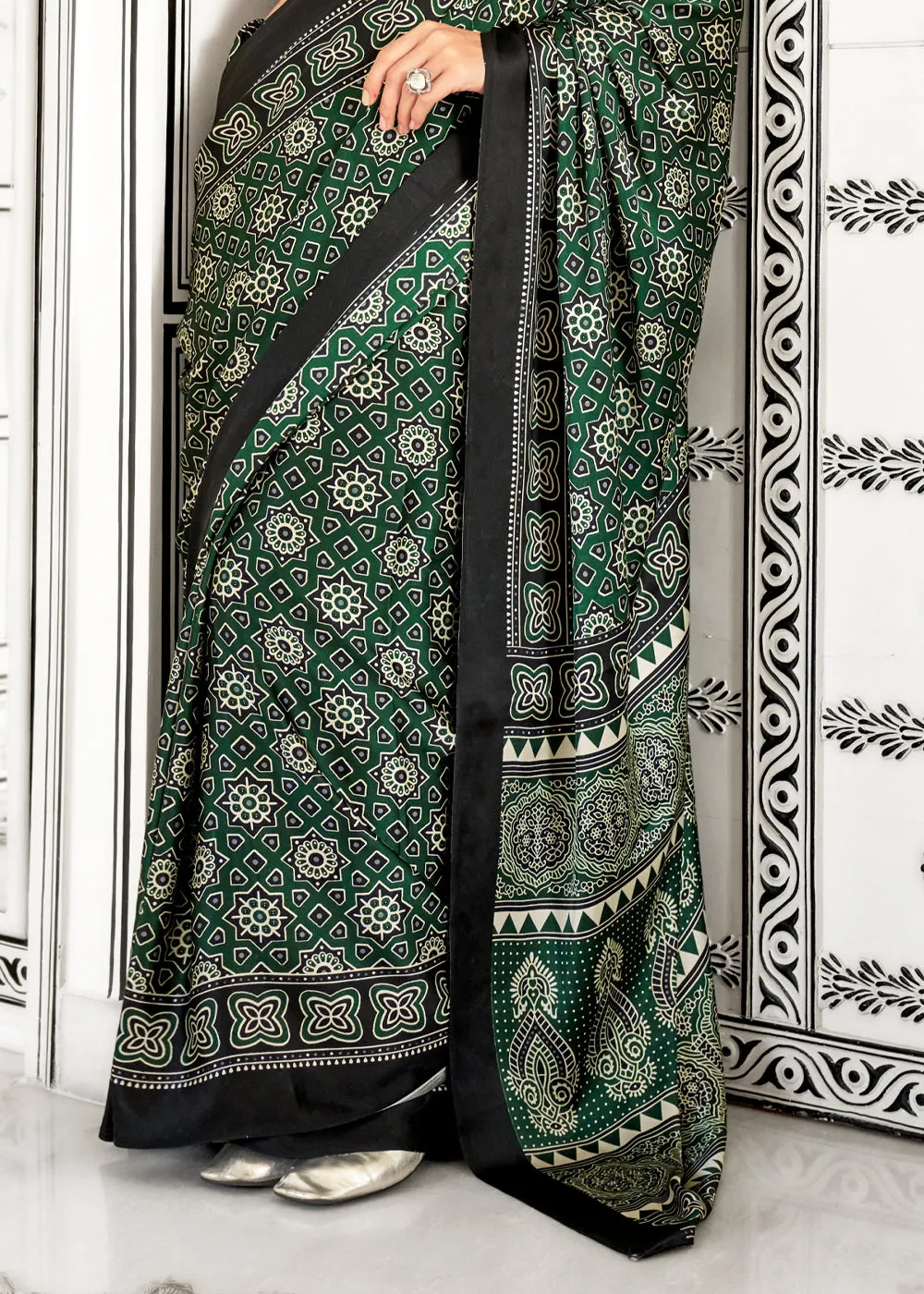 Graceful Green Satin Crepe Printed Saree
