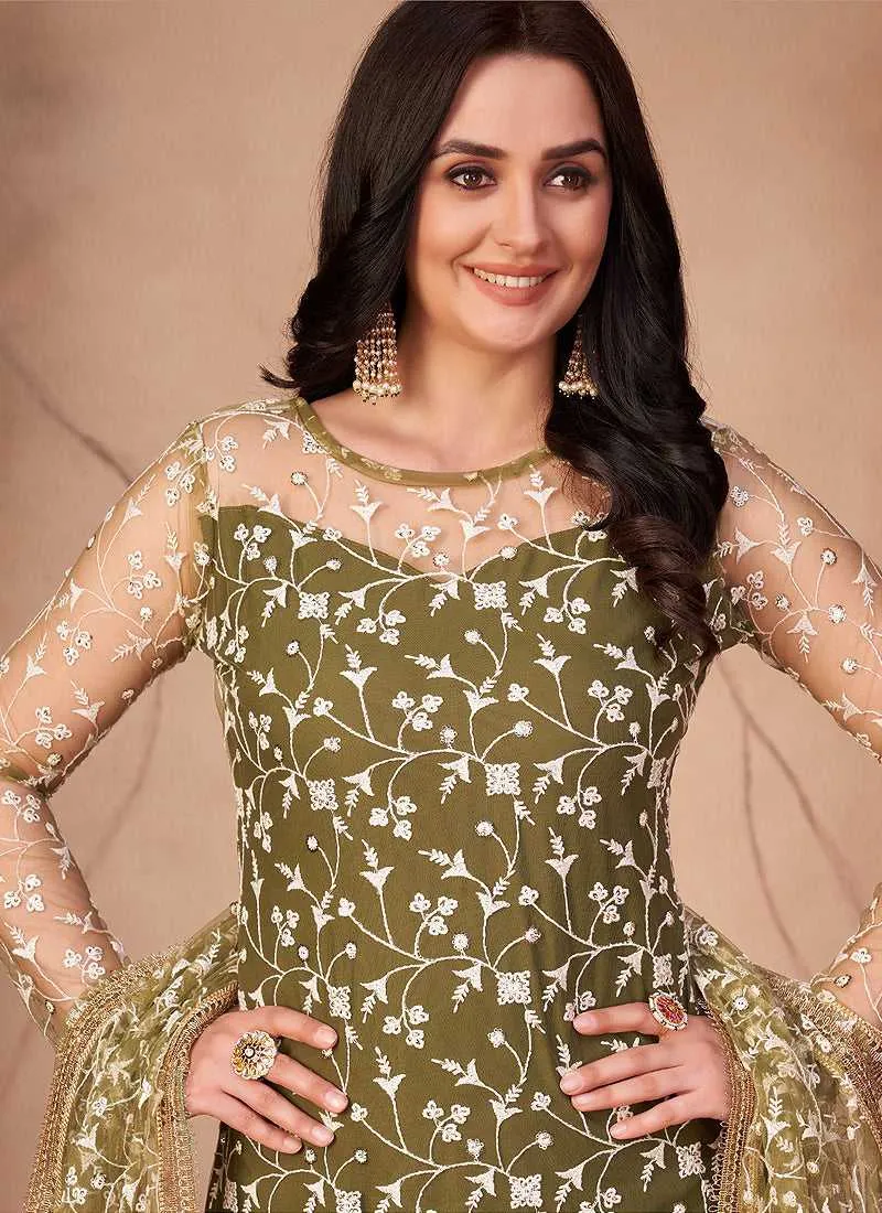 Green Heavy Embroidered Pant Style Suit