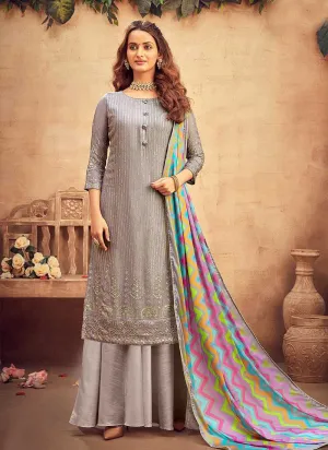 Grey Embroidered Palazzo Style Suit