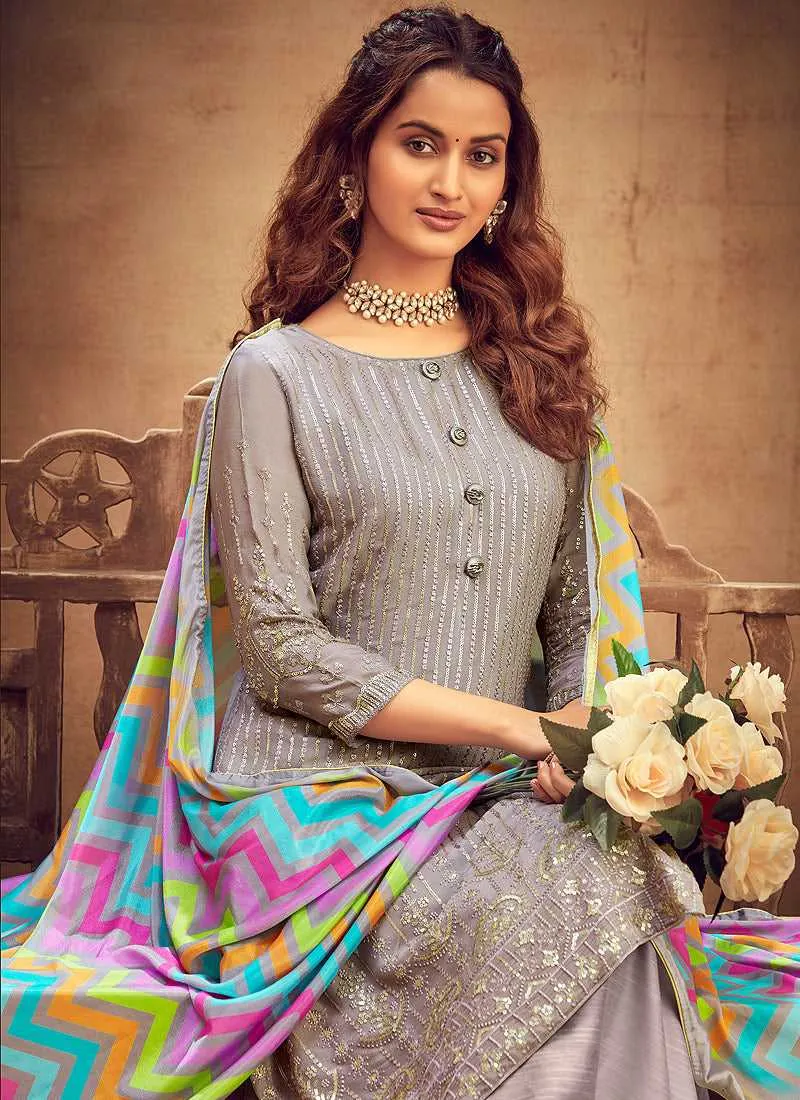 Grey Embroidered Palazzo Style Suit