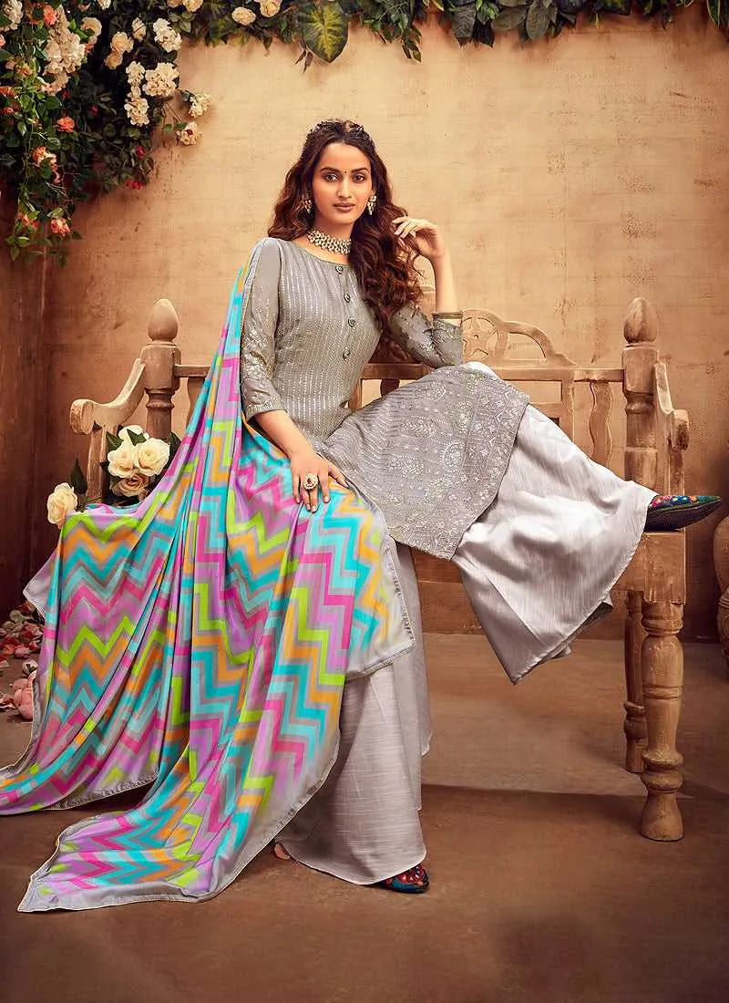 Grey Embroidered Palazzo Style Suit