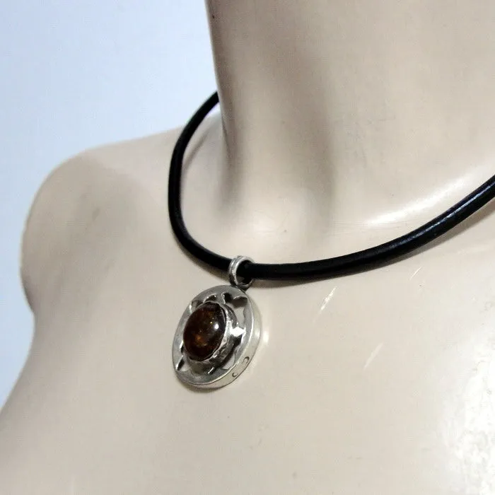 Hadar Designers Black Leather Amber 925 Silver Pendant Handmade Sophisticated (H
