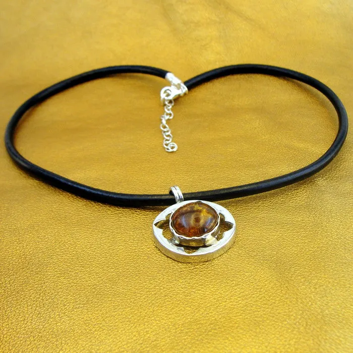 Hadar Designers Black Leather Amber 925 Silver Pendant Handmade Sophisticated (H