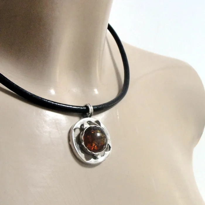 Hadar Designers Black Leather Amber 925 Silver Pendant Handmade Sophisticated (H