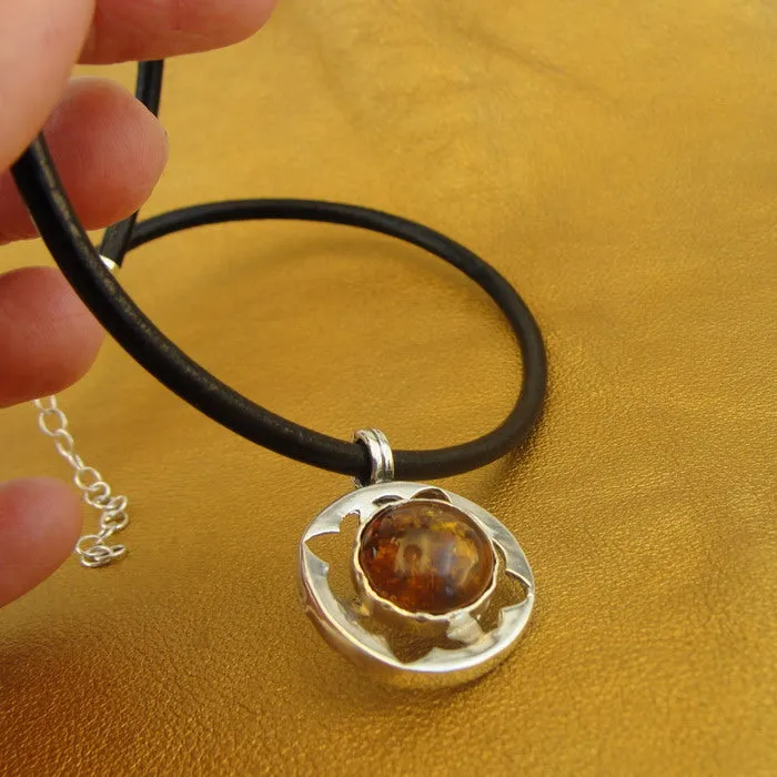 Hadar Designers Black Leather Amber 925 Silver Pendant Handmade Sophisticated (H