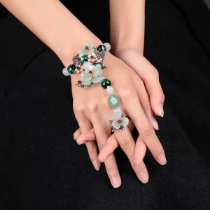 Jade & Agate Flower Fairy Bracelet Ring with Garnet