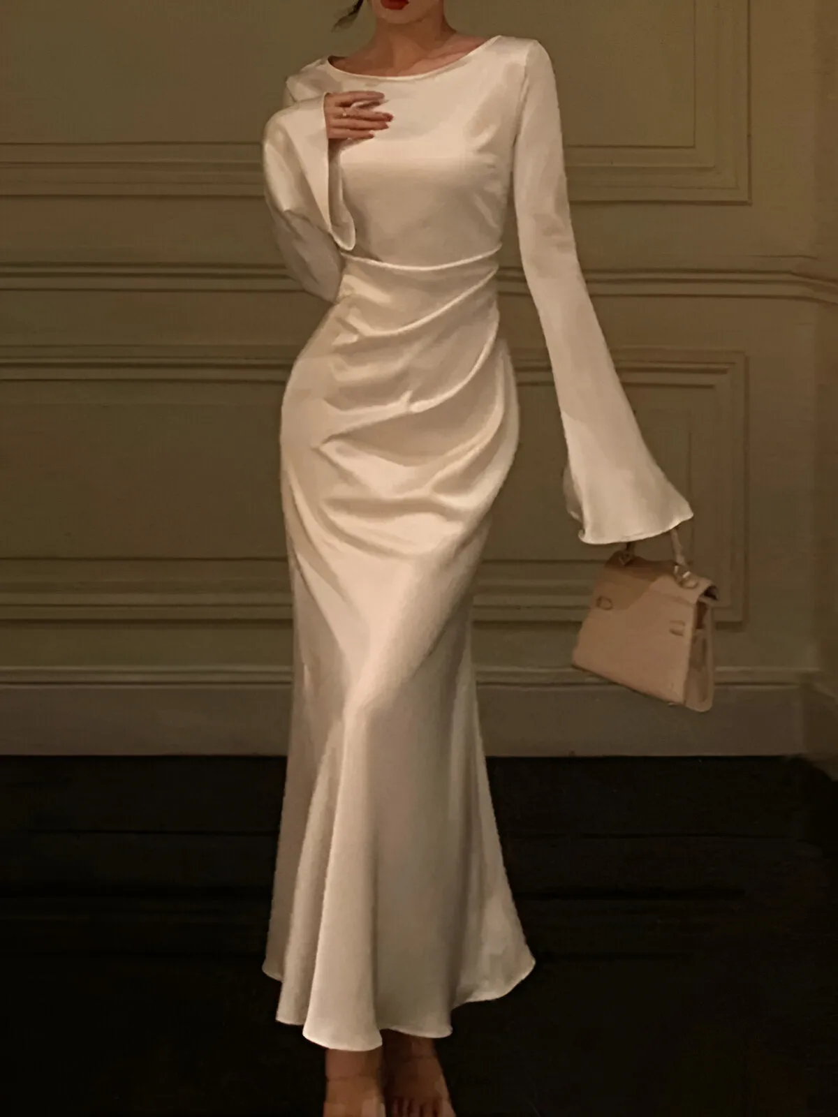 JazzHer Bell Sleeve Ruched Satin Mermaid Dress