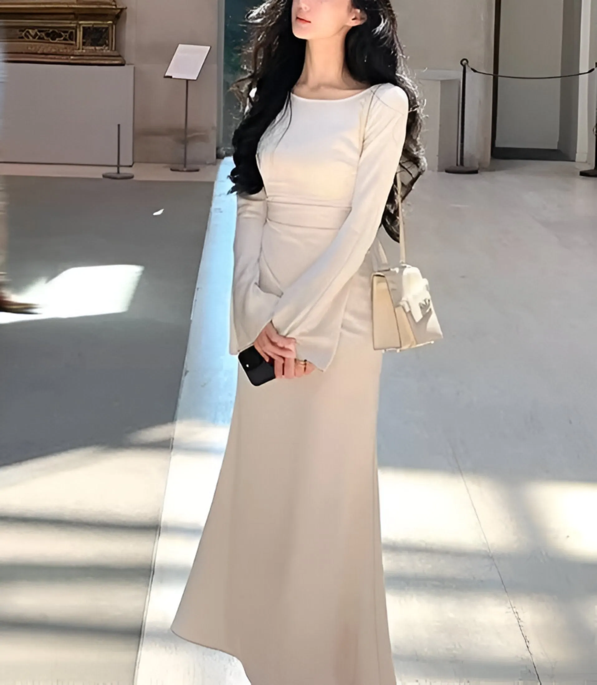JazzHer Bell Sleeve Ruched Satin Mermaid Dress