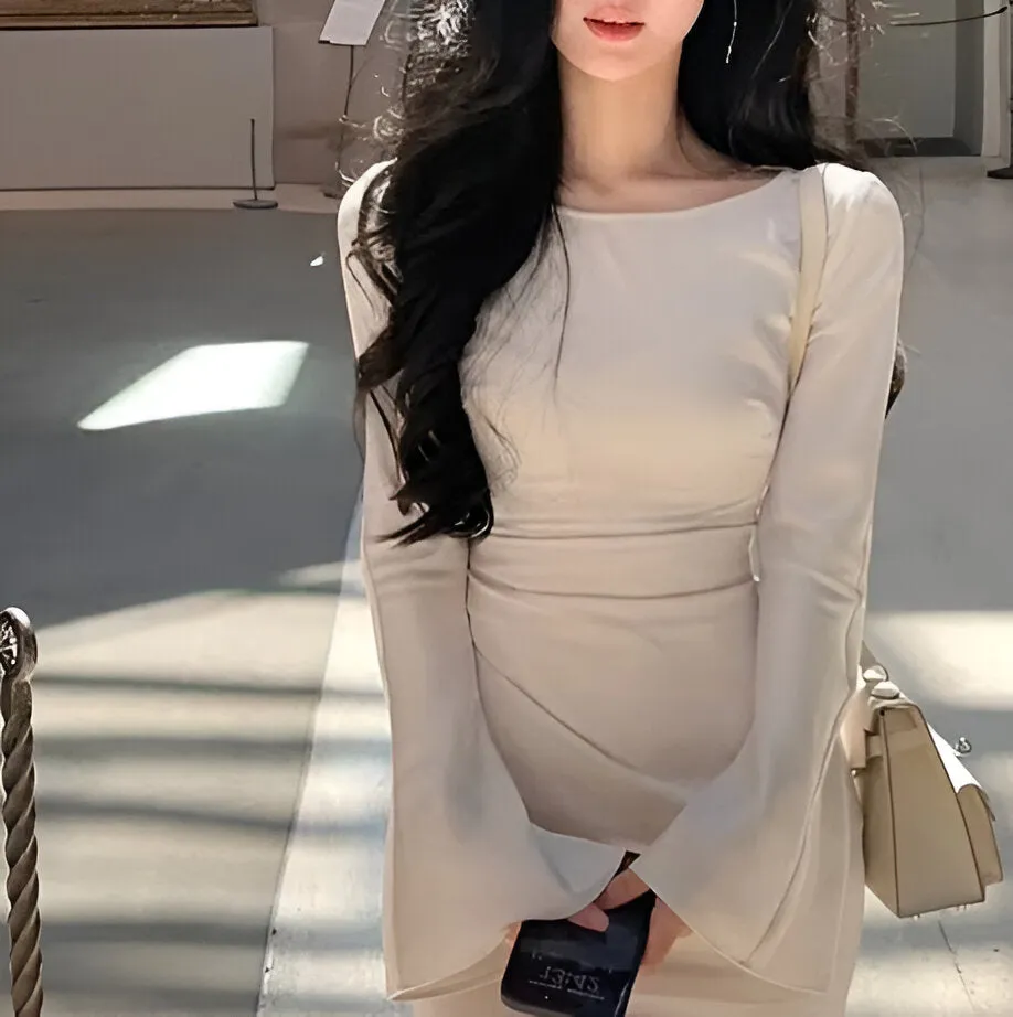 JazzHer Bell Sleeve Ruched Satin Mermaid Dress