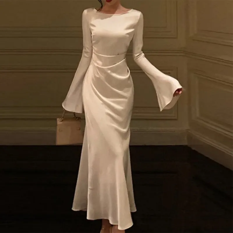 JazzHer Bell Sleeve Ruched Satin Mermaid Dress