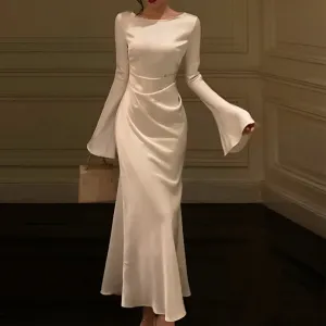 JazzHer Bell Sleeve Ruched Satin Mermaid Dress