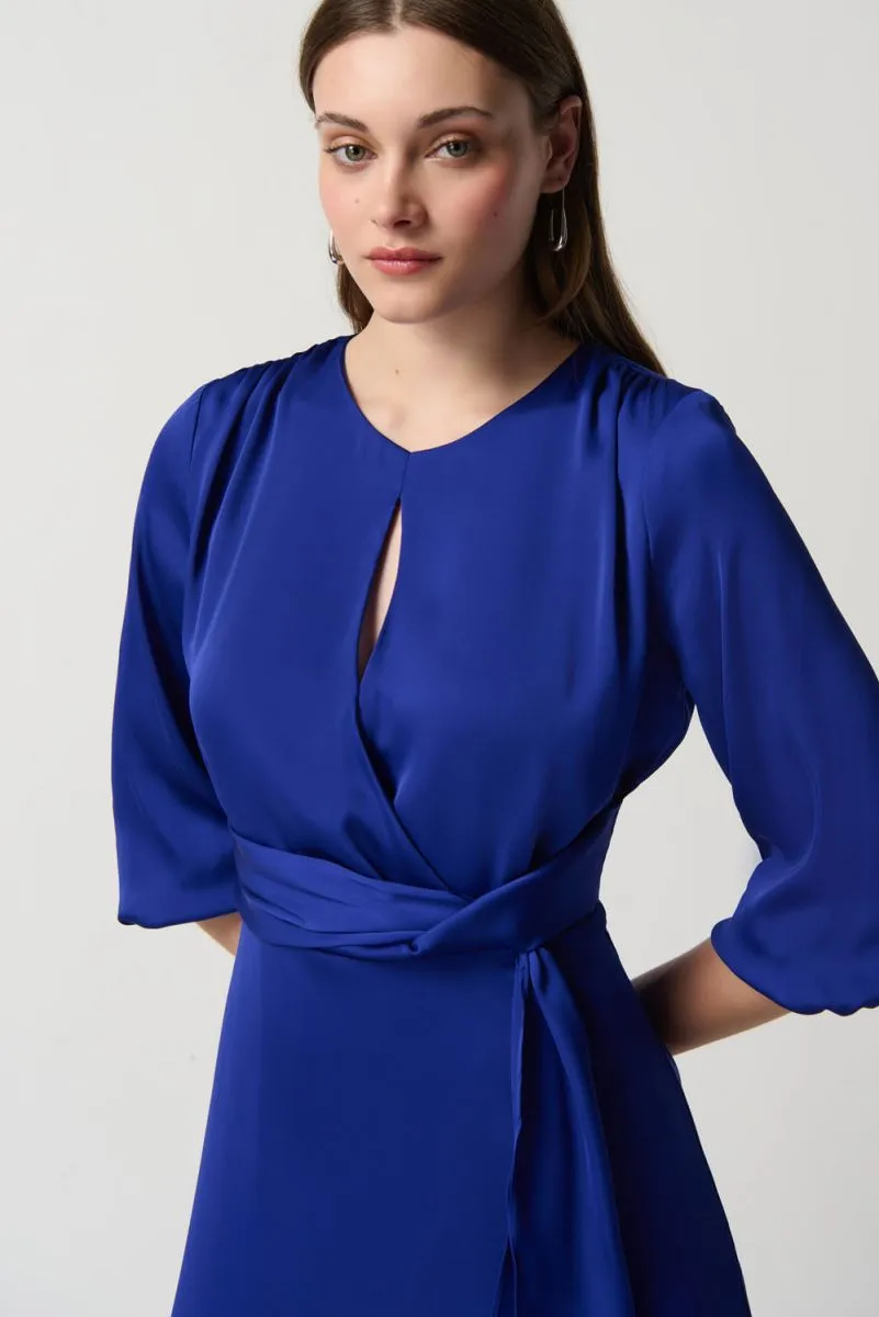 Joseph Ribkoff Royal Sapphire Satin Detail Keyhole Neck A-Line Dress 234127