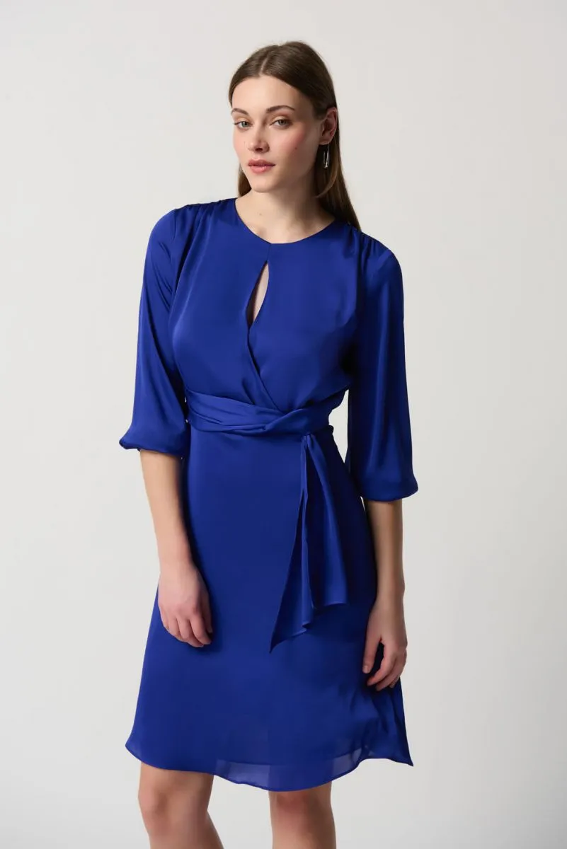 Joseph Ribkoff Royal Sapphire Satin Detail Keyhole Neck A-Line Dress 234127