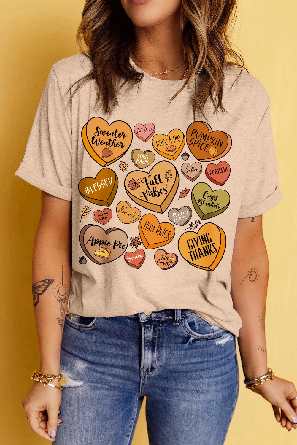 Khaki Candy Heart Thanksgiving Graphic Tee