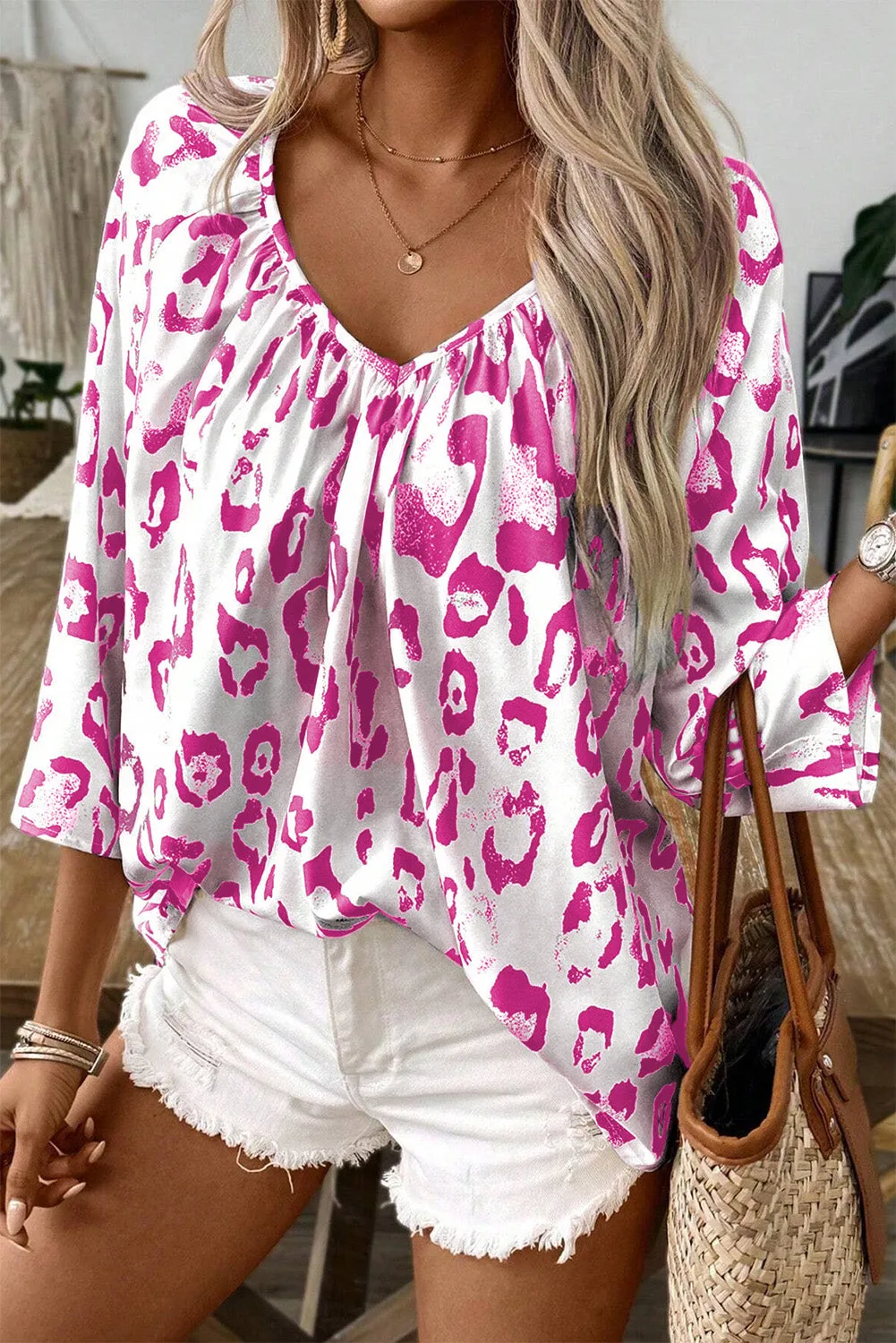 Khaki Leopard Print Ruched V Neck 3/4 Sleeve Blouse