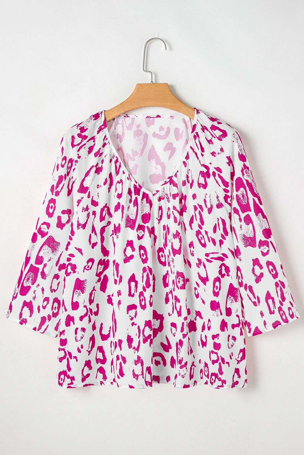 Khaki Leopard Print Ruched V Neck 3/4 Sleeve Blouse