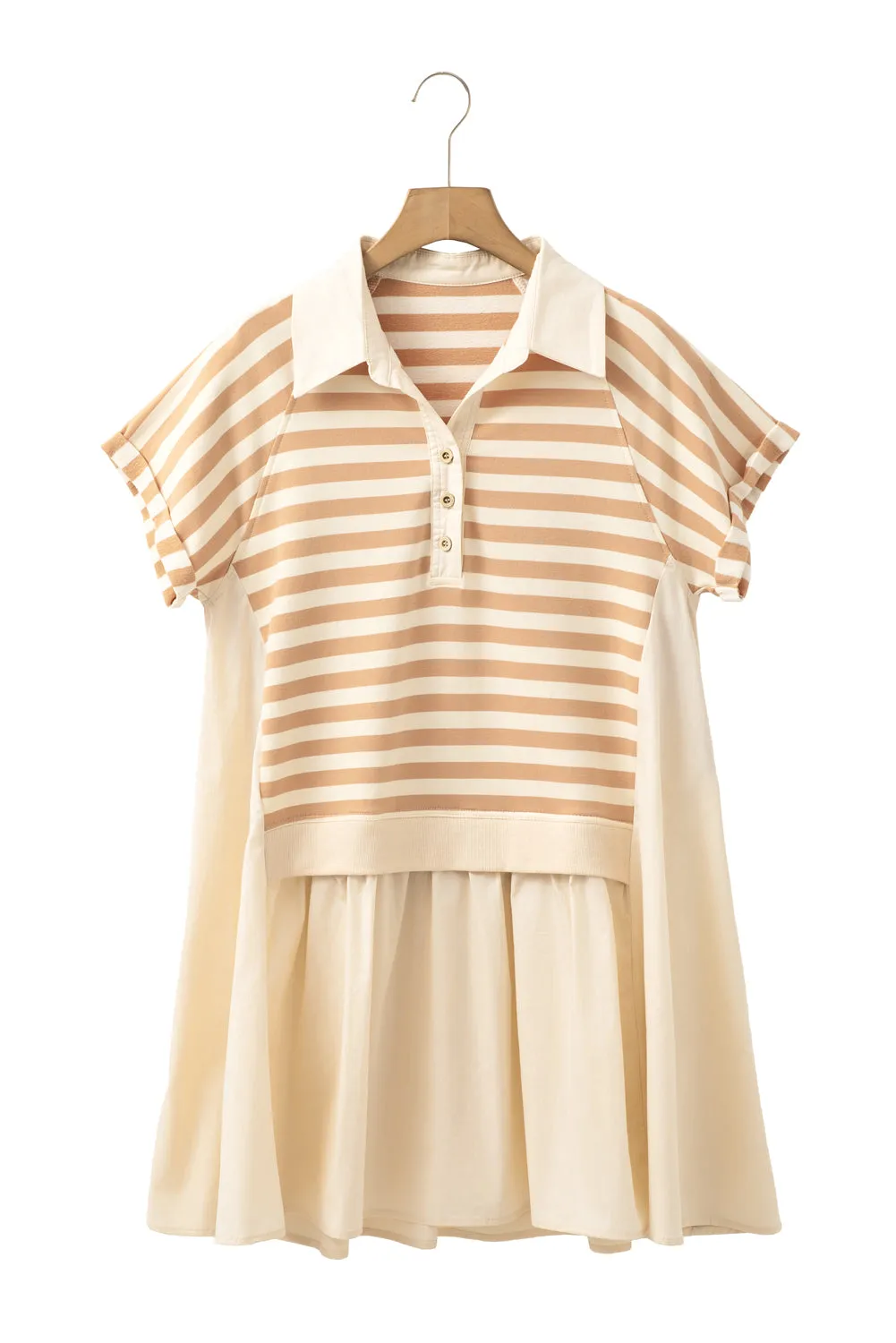 Khaki Stripe Two-in-one Collared Cap Sleeve Patchwork Loose Mini Dress