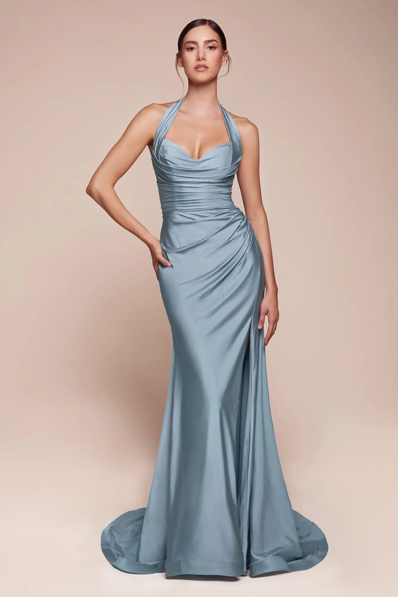 Ladivine CD796 Dress Stretch Satin Halter Fitted Gown
