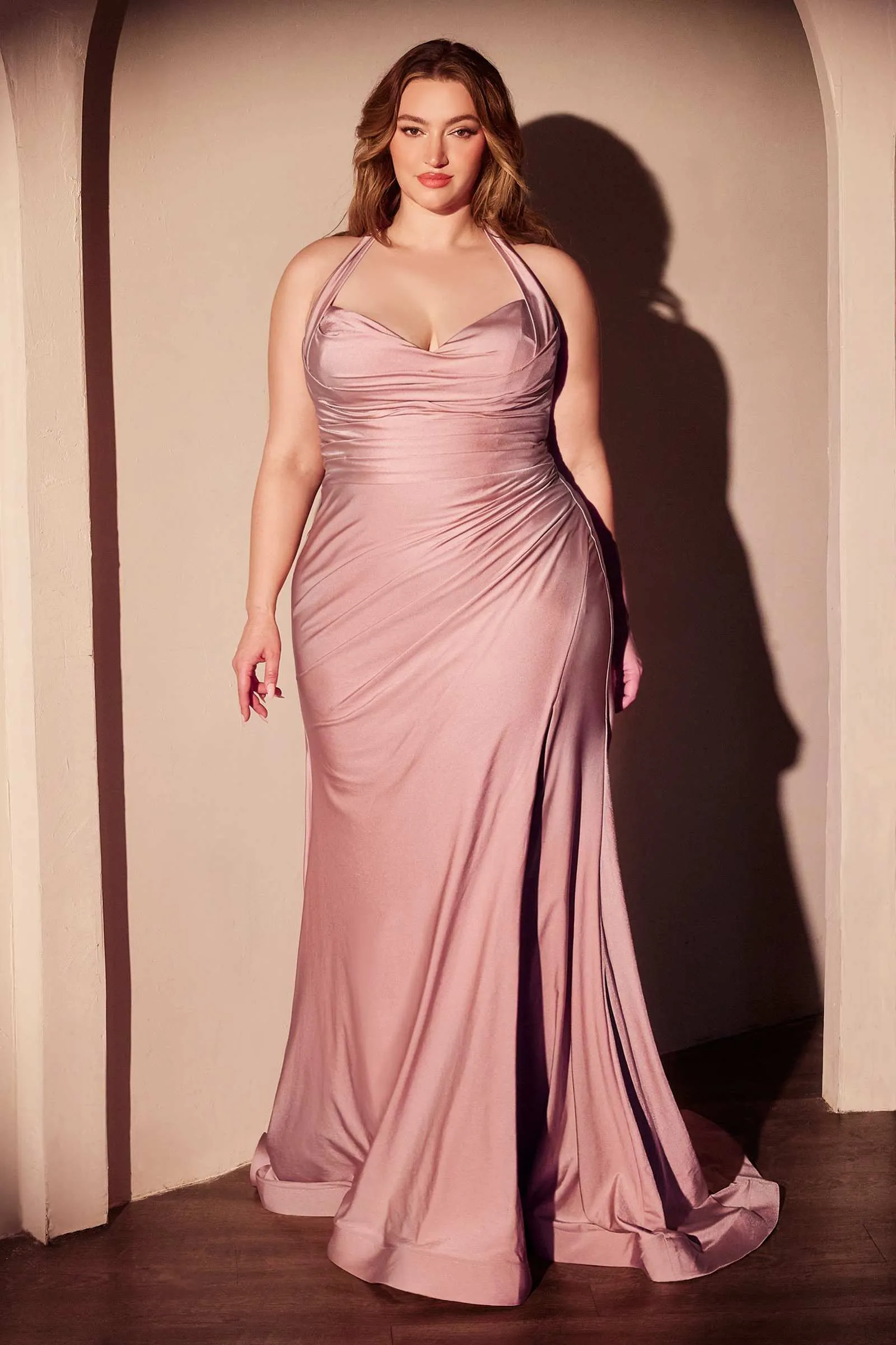 Ladivine CD796C Dress Stretch Satin Halter Fitted Curve Gown