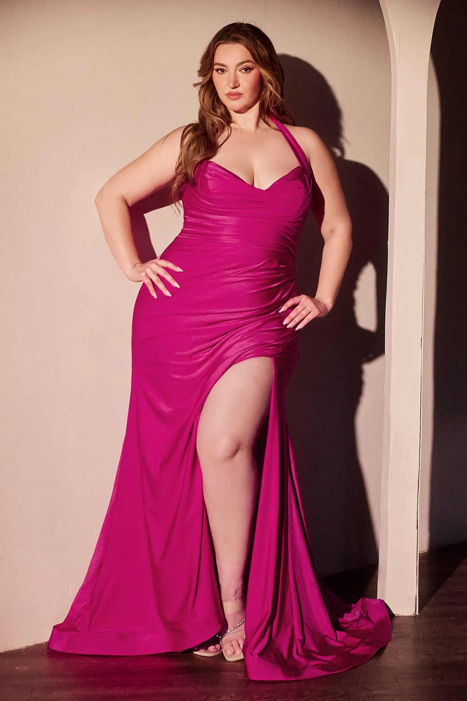 Ladivine CD796C Dress Stretch Satin Halter Fitted Curve Gown