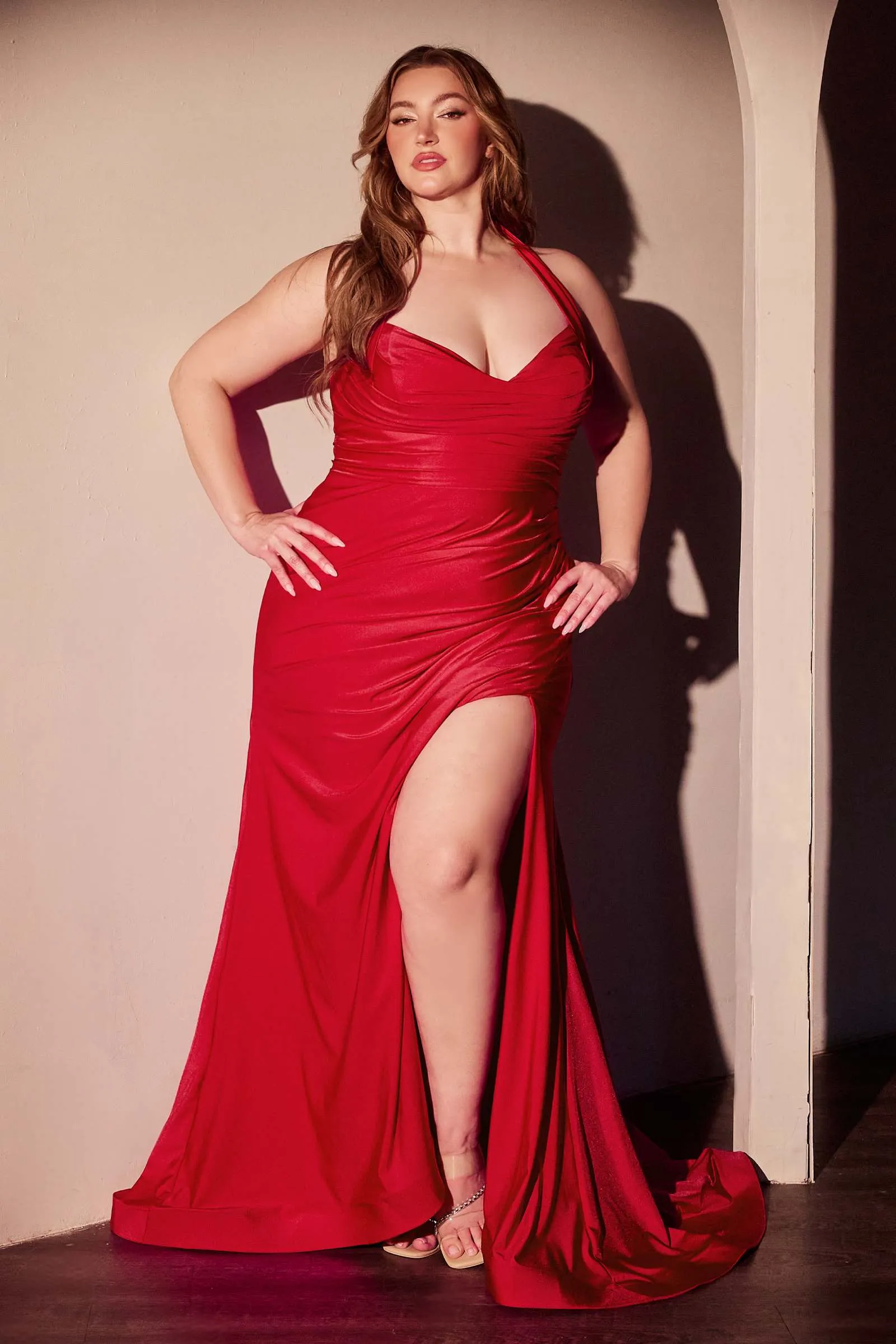 Ladivine CD796C Dress Stretch Satin Halter Fitted Curve Gown