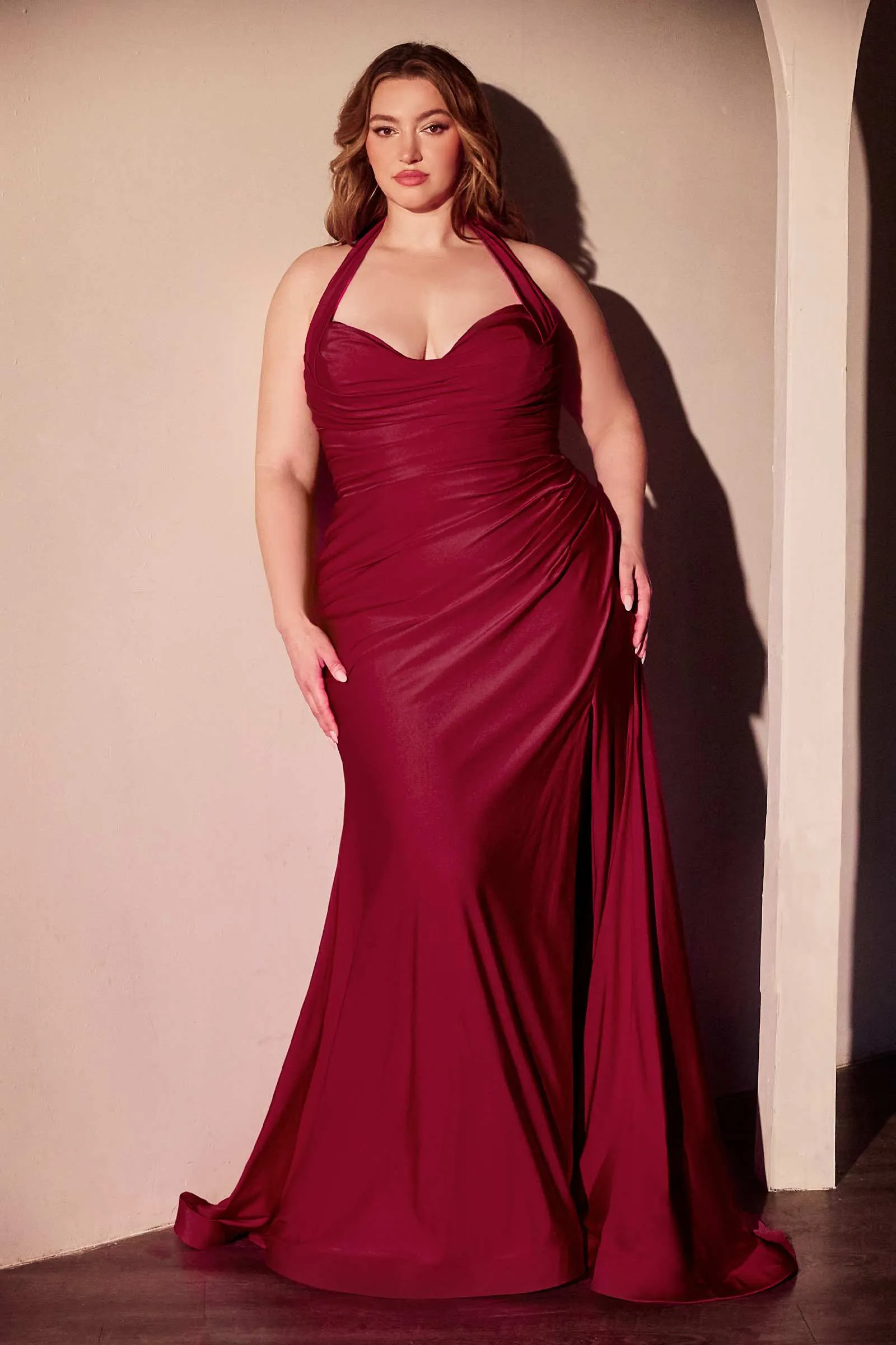 Ladivine CD796C Dress Stretch Satin Halter Fitted Curve Gown