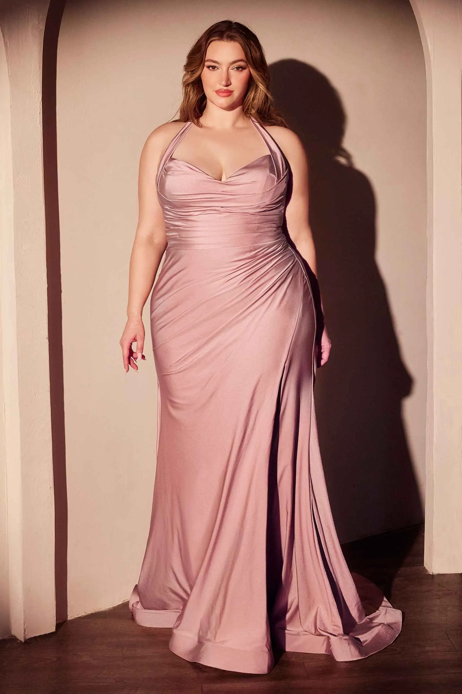 Ladivine CD796C Dress Stretch Satin Halter Fitted Curve Gown