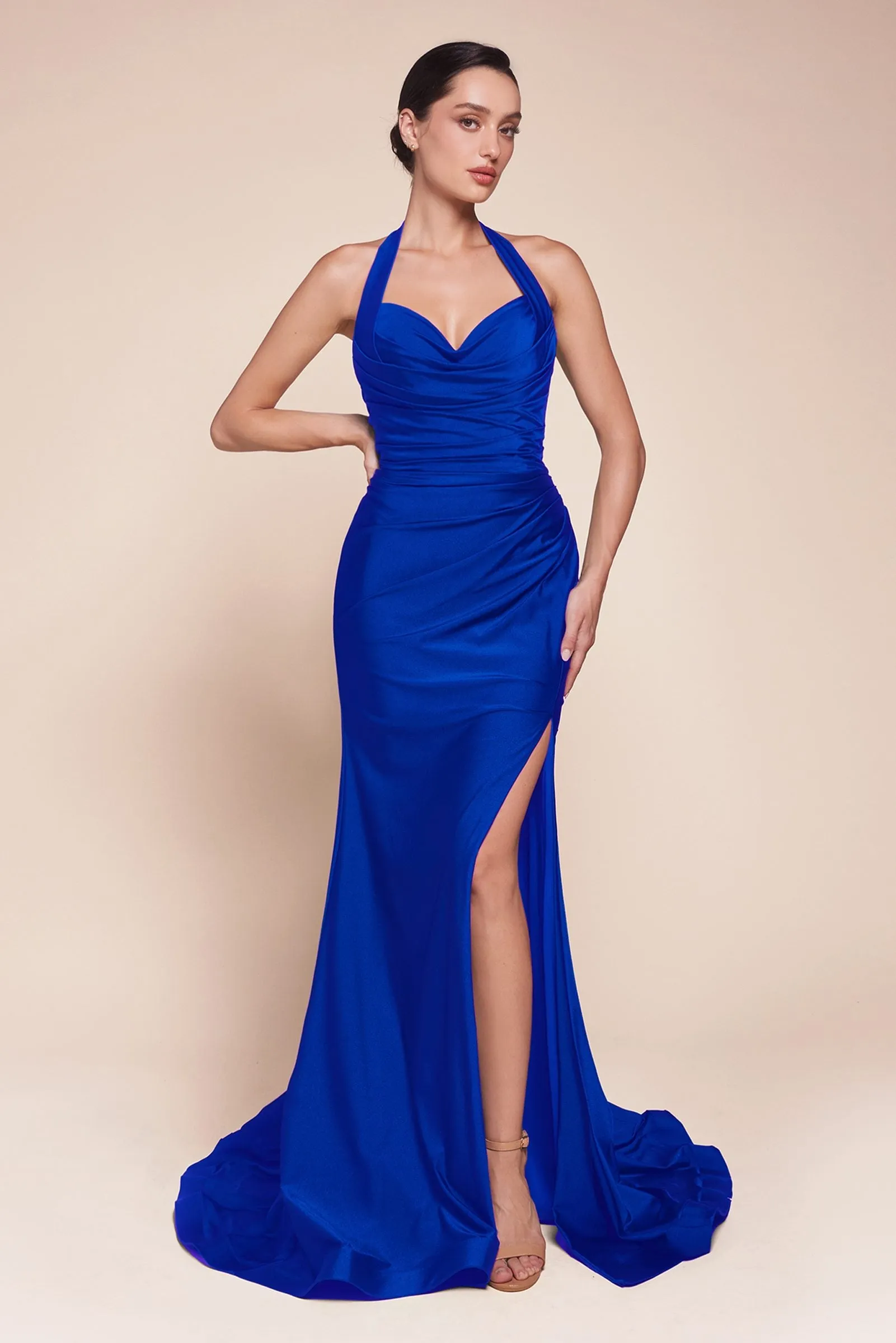 Ladivine CD796C Dress Stretch Satin Halter Fitted Curve Gown