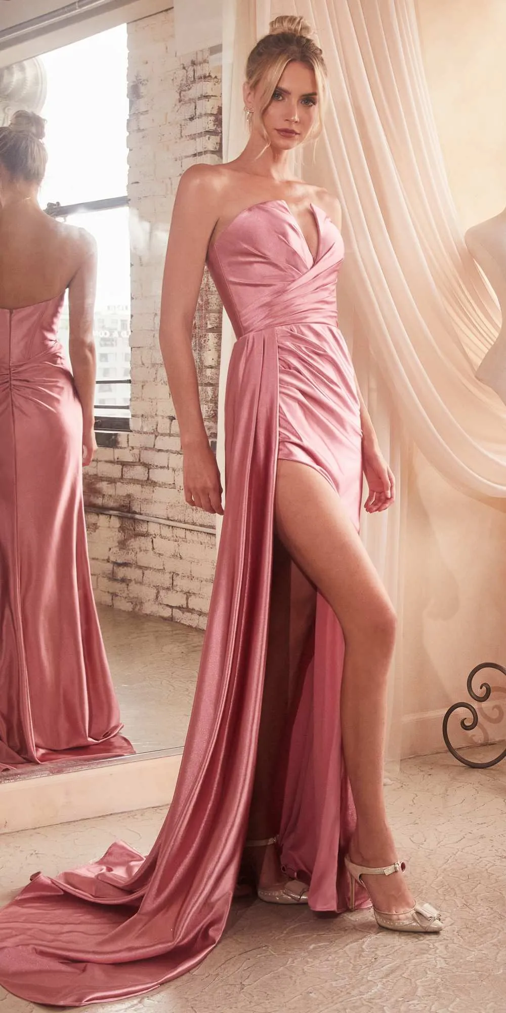 Ladivine CDS441 Long Satin V-Neck Sexy Side Slit Gown Side Sash