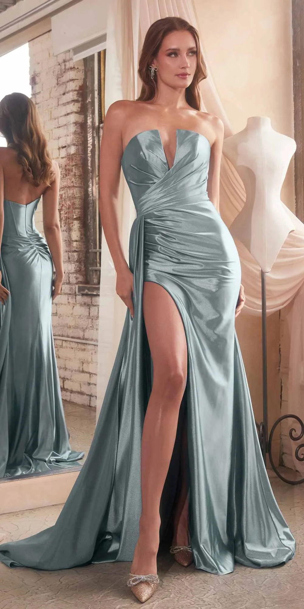 Ladivine CDS441 Long Satin V-Neck Sexy Side Slit Gown Side Sash