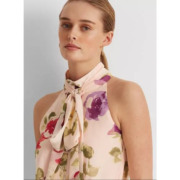 Lauren Ralph Lauren Floral Chiffon Sleeveless Dress Pink Size 14