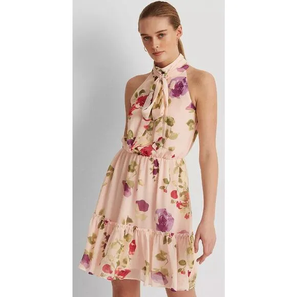 Lauren Ralph Lauren Floral Chiffon Sleeveless Dress Pink Size 14