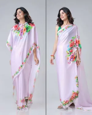 Lavender Free Hand Stylish Satin Georgette Saree