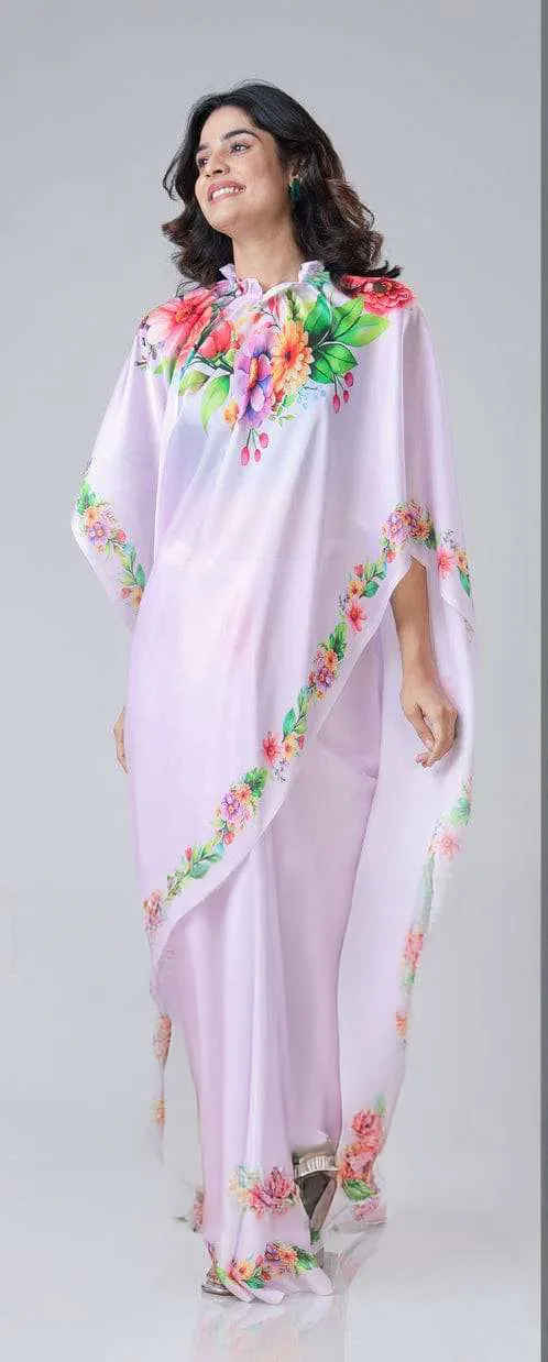 Lavender Free Hand Stylish Satin Georgette Saree