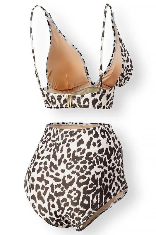 Leopard Print Plunge Bikini Swimsuit Set