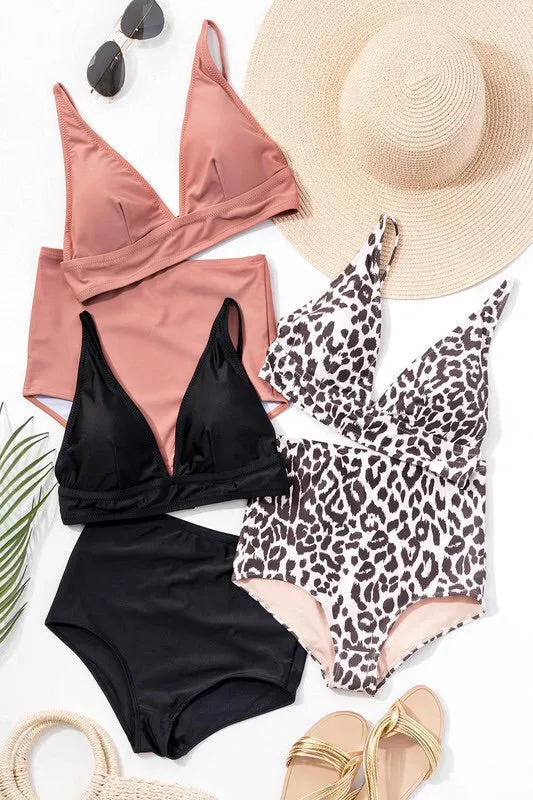 Leopard Print Plunge Bikini Swimsuit Set