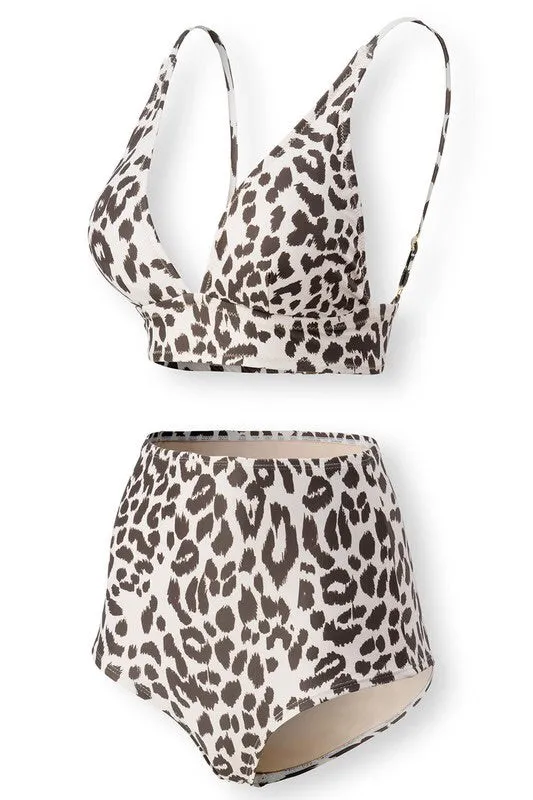 Leopard Print Plunge Bikini Swimsuit Set