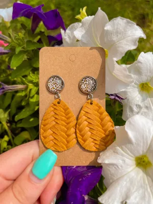 Leopard Stud   Braided Teardrop Earrings || Mustard Yellow