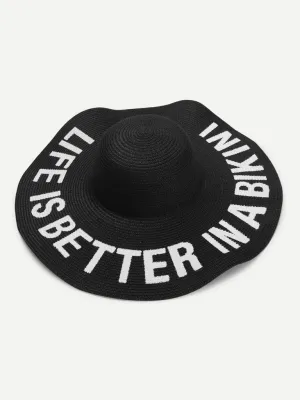 Letter Print Wide Brim Straw Hat