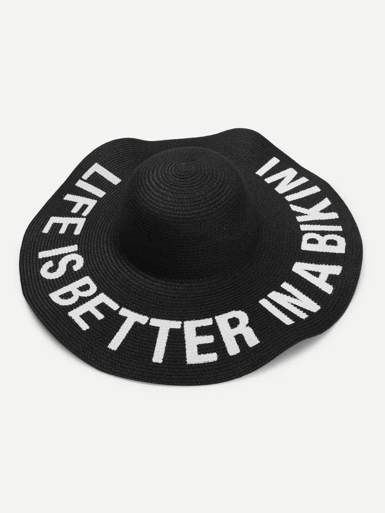 Letter Print Wide Brim Straw Hat