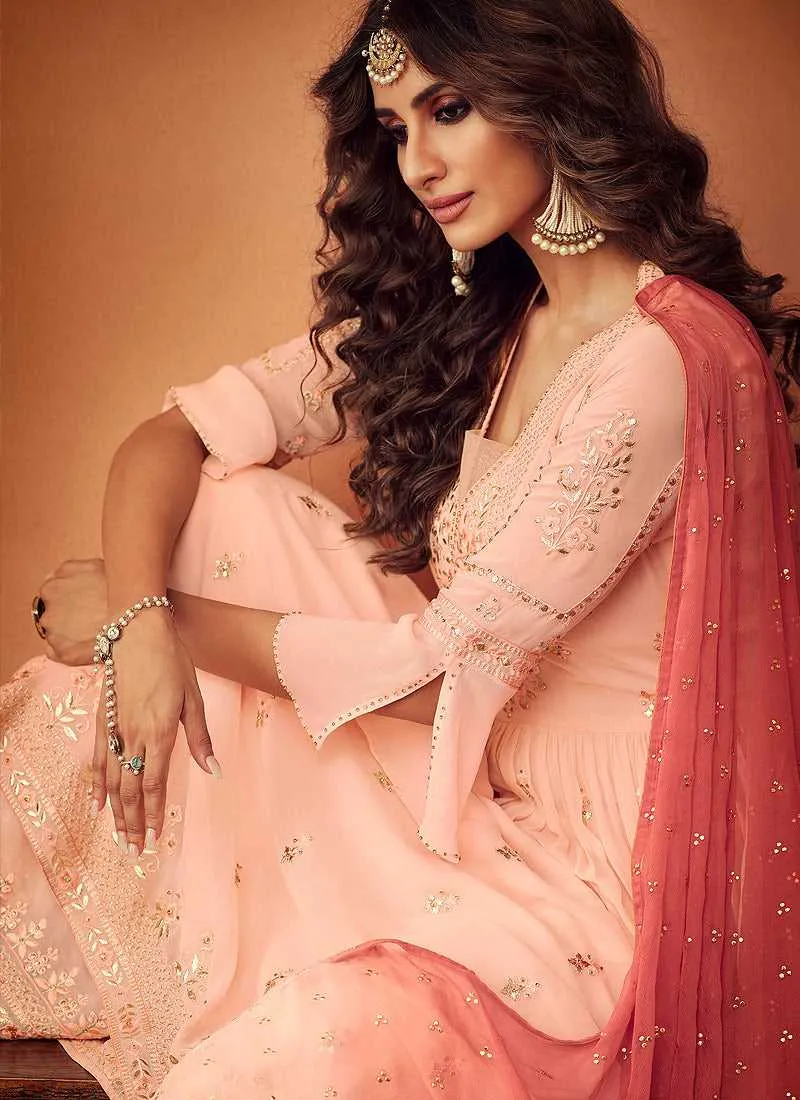 Light Peach Heavy Embroidered Sharara Style Suit