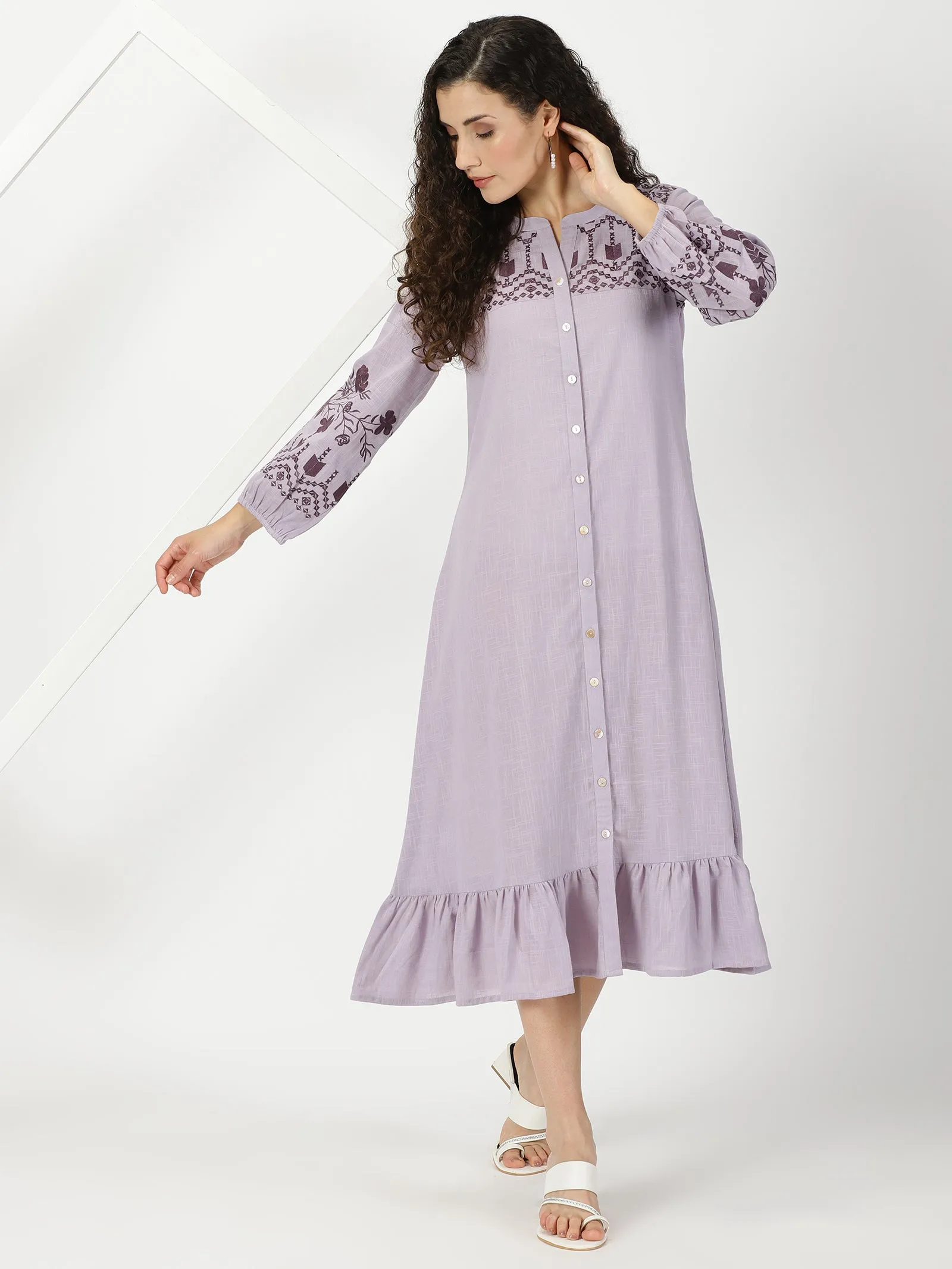 Lilac Boho Midi Dress with Embroidered Details