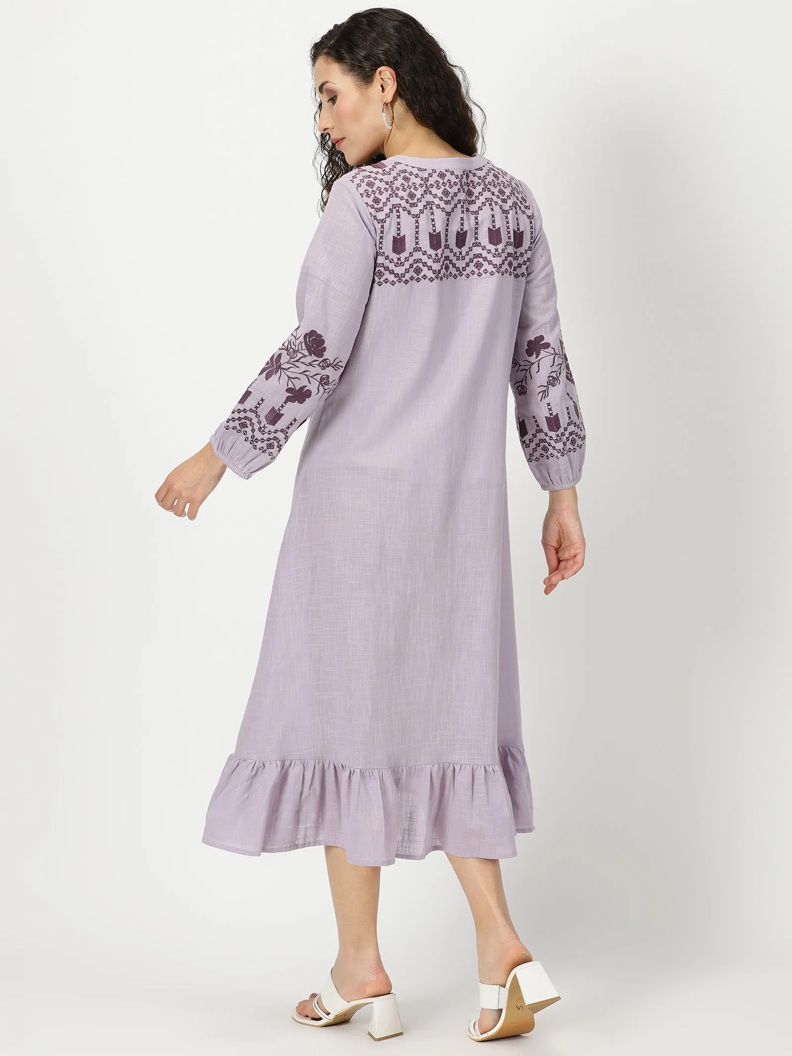 Lilac Boho Midi Dress with Embroidered Details