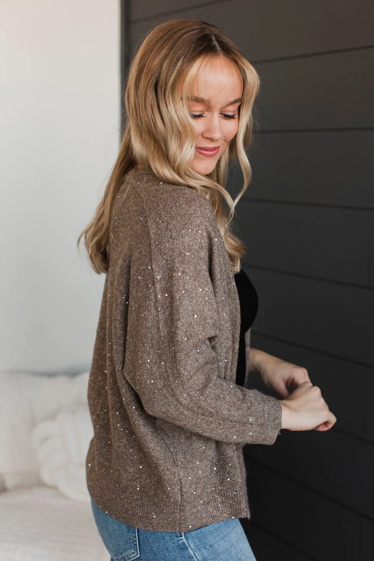 Looking Sophisticated Sequin Knit Cardigan- Mocha
