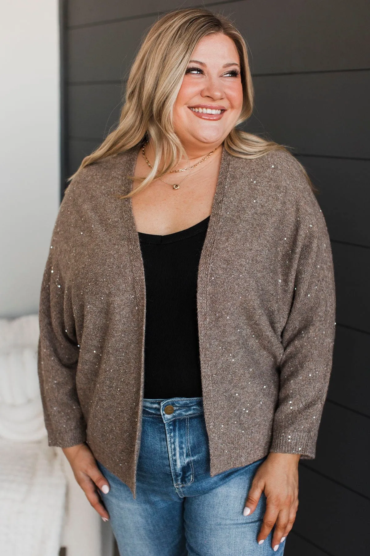 Looking Sophisticated Sequin Knit Cardigan- Mocha